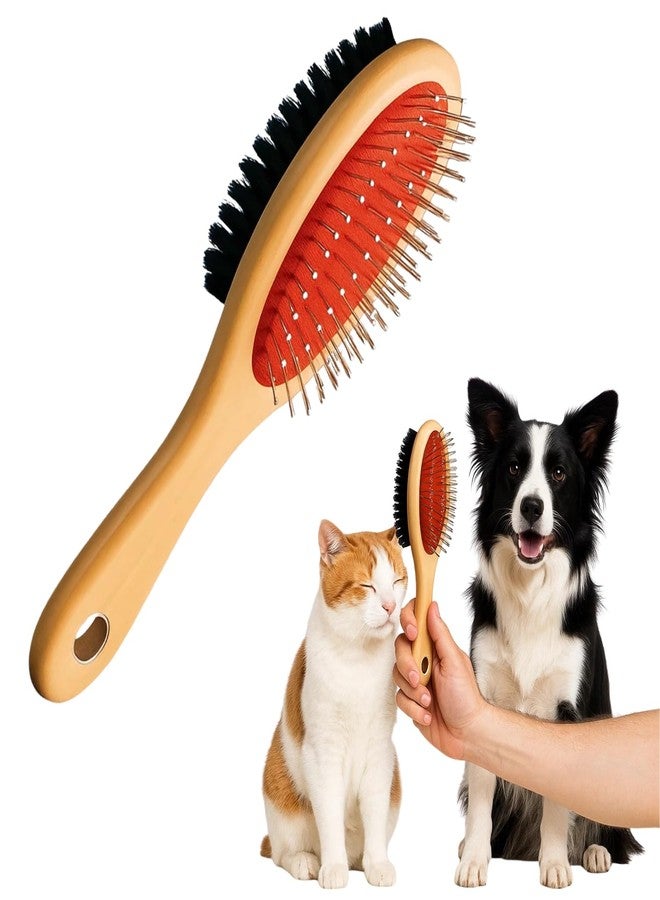 WiggleBoo 22cm Wooden Double Side Pet Brush - Dog & Cat Grooming Bathing Comb - Metal Pin Bristles & Soft Hair Bristles - Detangling & Deshedding Brush for All Breeds - Wood Handle Pet Grooming Tool - Image 1